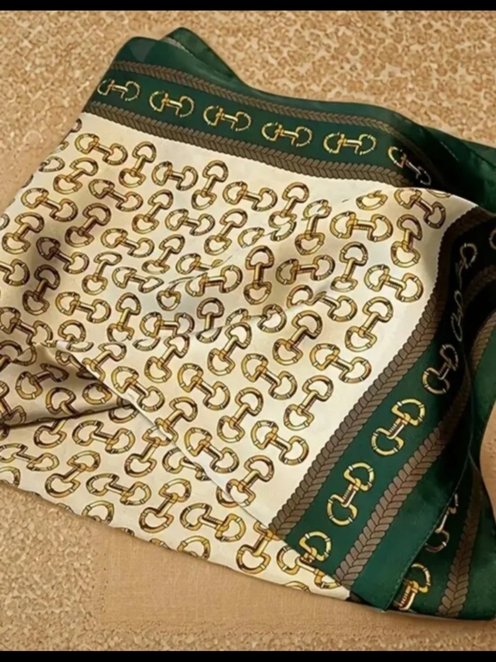 Silk -feel Chain-Print Green and Cream Women's Scarf